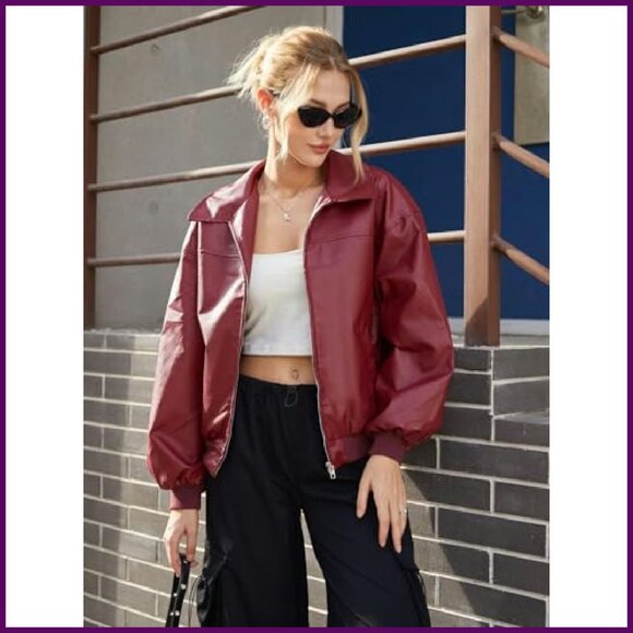 Faux Leather Motorcycle Jacket Lantern Sleeves Zipper Front Pockets - Picture 5 of 8